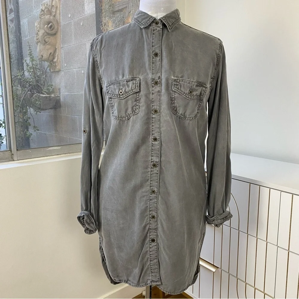 Sneak Peek Utility Split Hem Long Sleeve Shirt Dress, Slate Grey, Size S